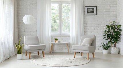 Minimalist Living Room with White Brick Wall and Comfortable Armchairs