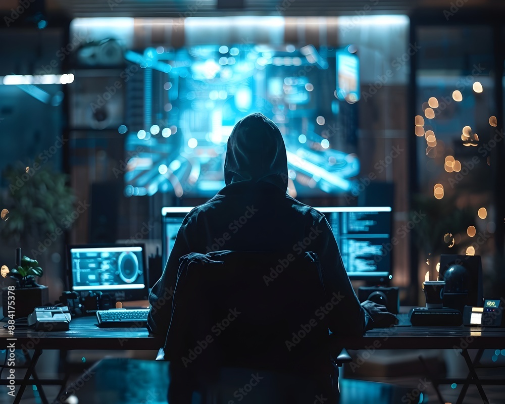 Poster hacker in minimalistic modern tech filled room symbolizing high tech