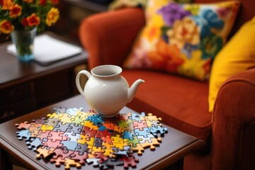 Fototapeta premium Cozy Brain Teasers: Puzzle Book and Pencil on Armchair