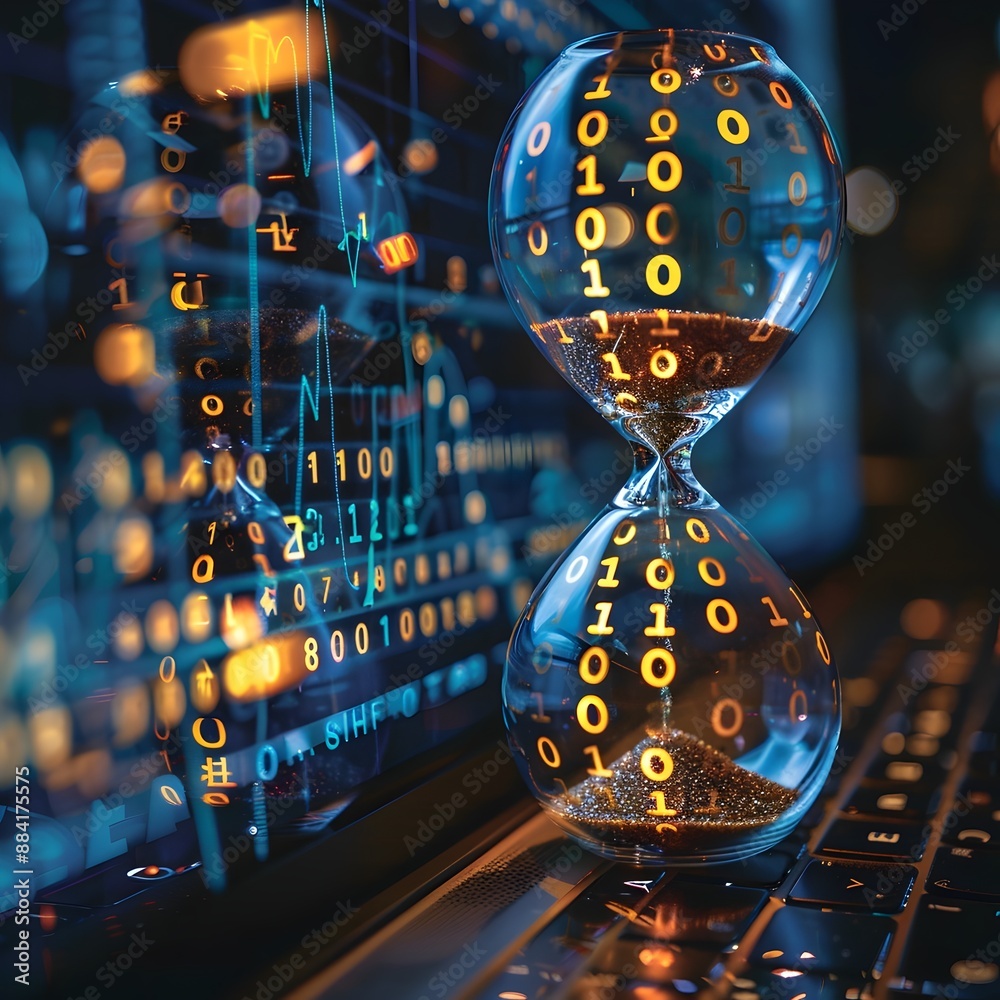 Poster digital hourglass with binary code flow symbolizing time in the digital age