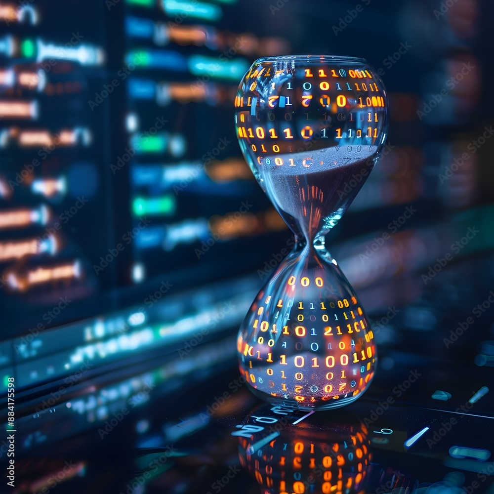 Poster a digital hourglass on computer screen with binary code flow representing the concept of time in the