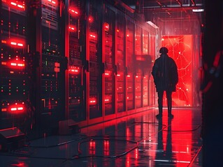Hacker Breaching Corporate Server Room with Red Warning Lights and Security Alarms Flashing