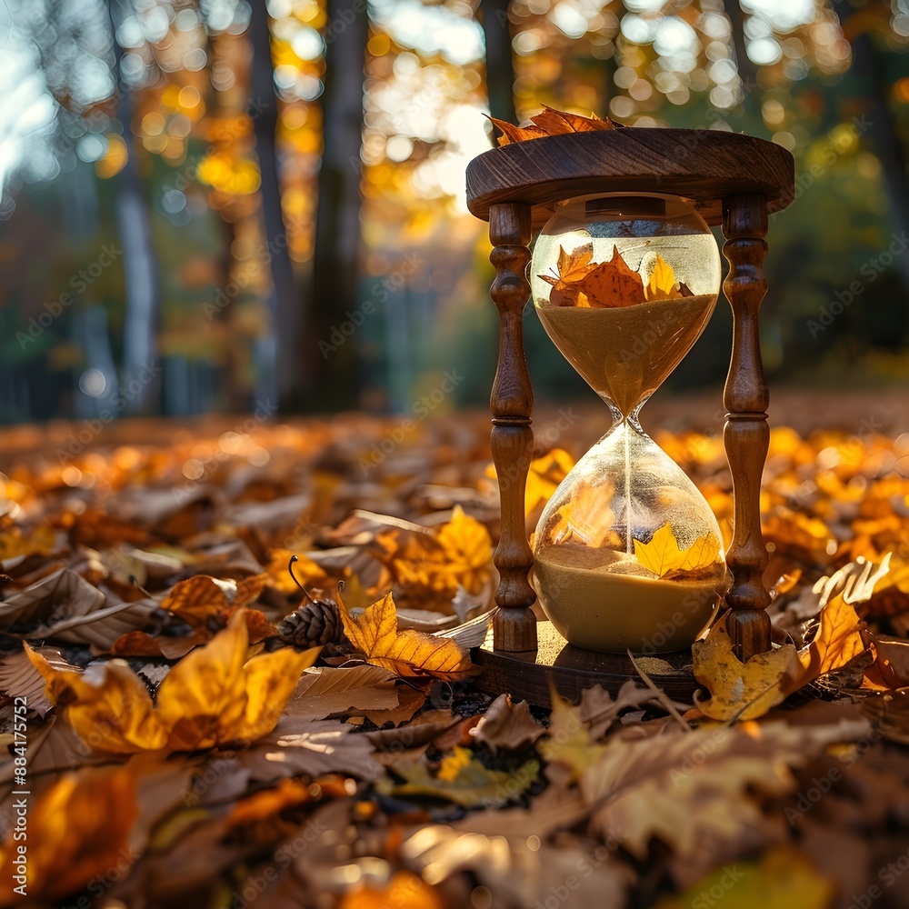 Poster hourglass with autumn leaves in peaceful park scenery symbolizing seasonal change and passing of tim