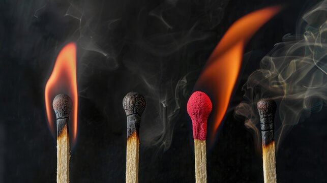 Stages of a match burning on black background with red head Various phases of matchstick burning Ignition to decay Banner with space for text
