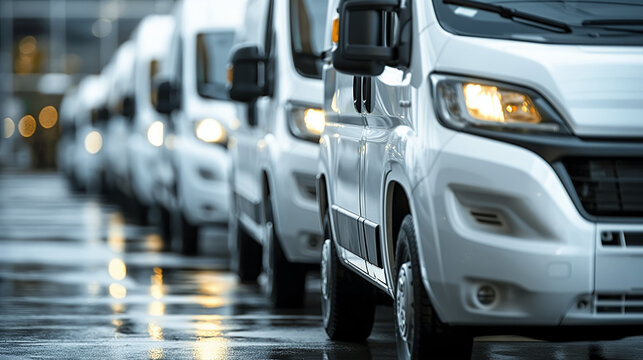 white vans parked in a neat, organized manner. The vans are aligned in a way that allows for a clear view of their front ends. The foremost van is in sharp focus, revealing its grille, headlights