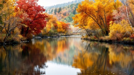 Tranquil River Reflecting Vibrant Autumn Foliage in a Picturesque Forest Setting