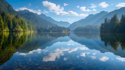 Obraz premium Tranquil mountain landscape with a lake reflection, offering a peaceful and natural background. 