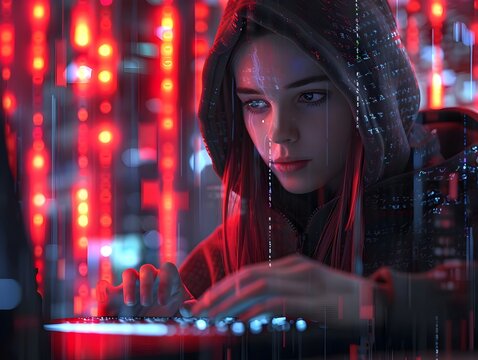 Female Hacker Typing Furiously Amidst Futuristic Holographic Data Streams in Neon Lit Cyber Cafe