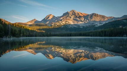 Obraz premium Tranquil mountain landscape with a lake reflection, offering a peaceful and natural background. 