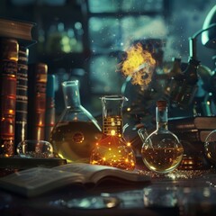 Explore the mystical scientists workspace with glowing magical potions, books, microscope, and scientific tools. Unveil cosmic wonders in this enchanting laboratory.