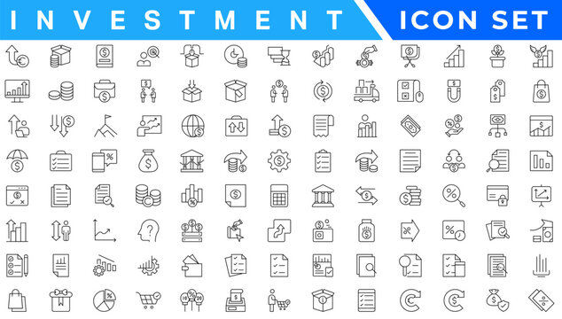 Investment Line Editable Icons set. Vector illustration in modern thin line style of business related icons: types of investments, economics, profit, savings, and more. Isolated on white
