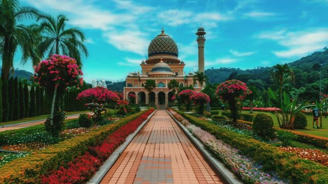 Stunning mosque surrounded by lush greenery and vibrant flowers.
