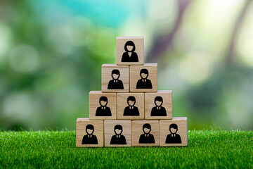 Hierarchical pyramid with wooden cubes on blue Human resources, concept of organizational hierarchy...
