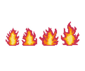 A collection of vector illustrations of the fiery red element of fire. Vector art style pixel 8-bit fire image for game component. Fire assets for game developers