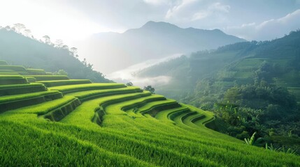 Obraz premium Golden Dawn Illuminates the Majestic Terraced Fields in a Serene Mountain Landscape