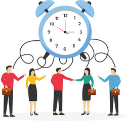 Business people think about flexible working hours, work life balance or focus and time management while working from home concept. Flat vector illustration

