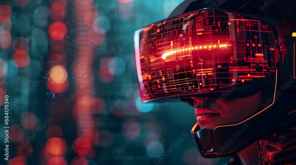 Poster hacker immersed in a futuristic cyber world of digital defenses and firewalls exploring technology a