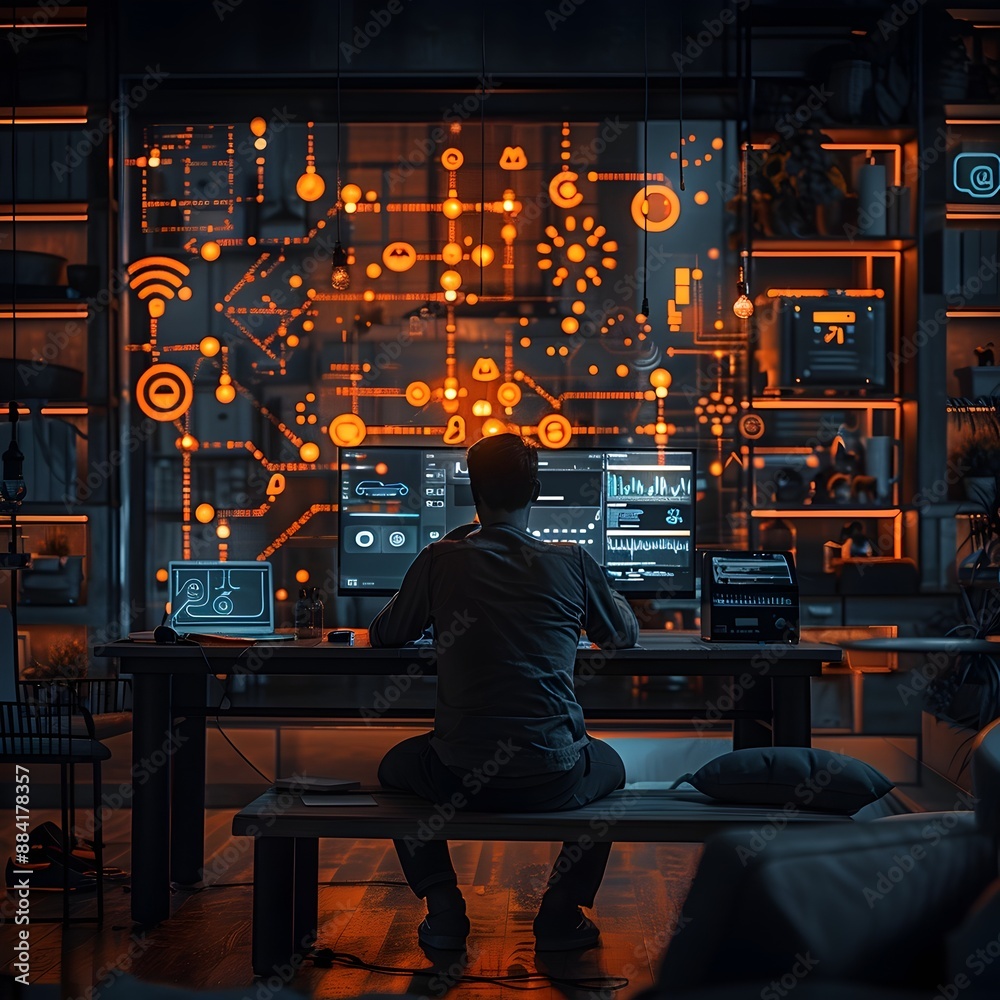 Poster hacker infiltrating smart home system controlling lights and appliances through digital interface