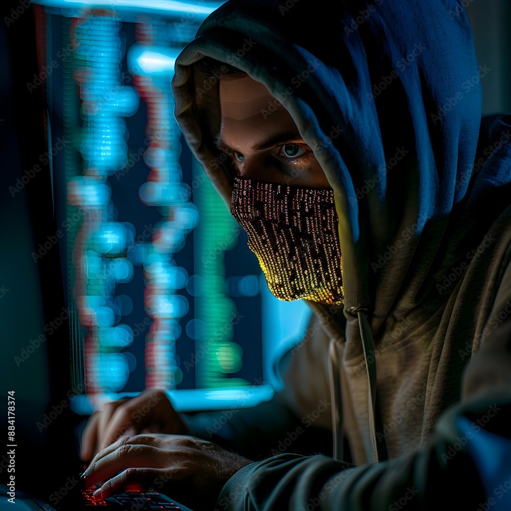 Poster hooded hacker crafting malicious ransomware program on computer screen