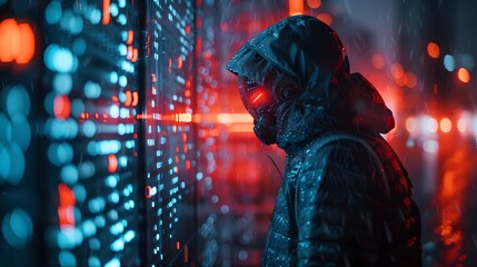 Hacker Utilizing Companion to Bypass Security Protocols in Futuristic Cybersecurity Concept