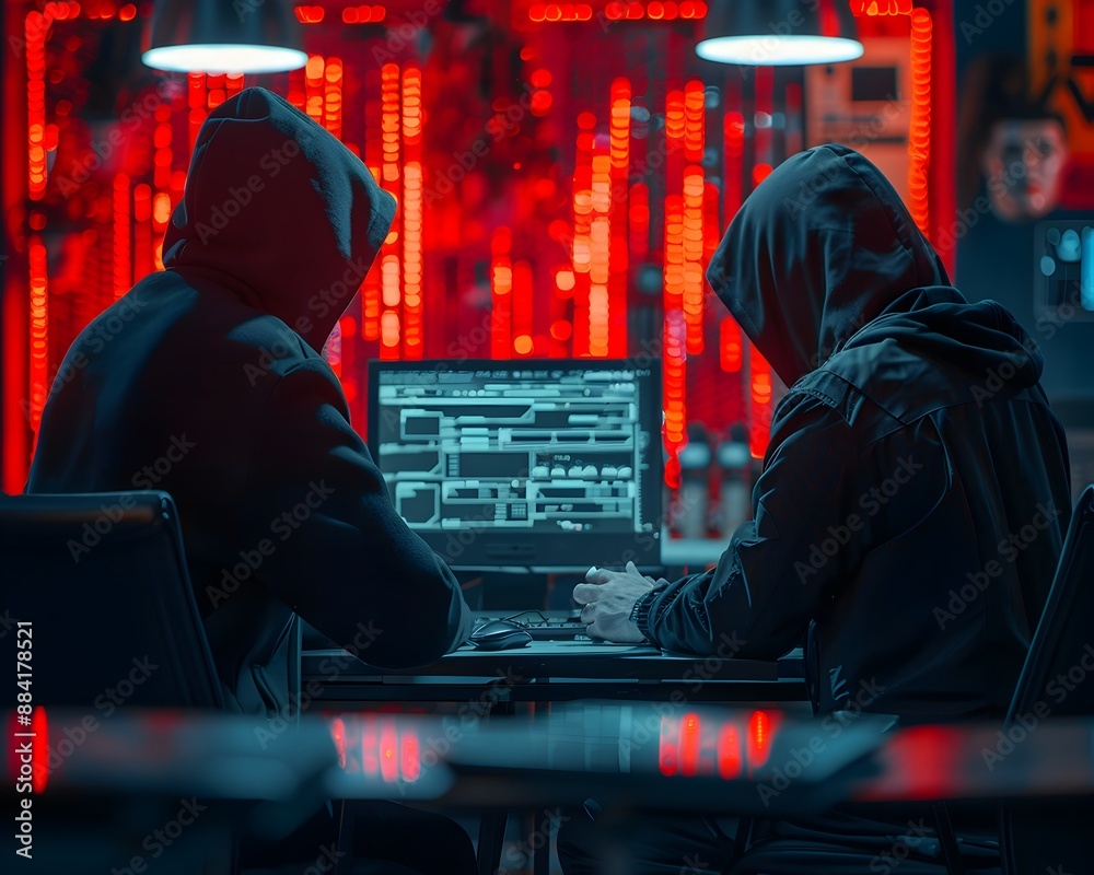 Poster hacker utilizing social engineering to gain unauthorized access in workspace concept