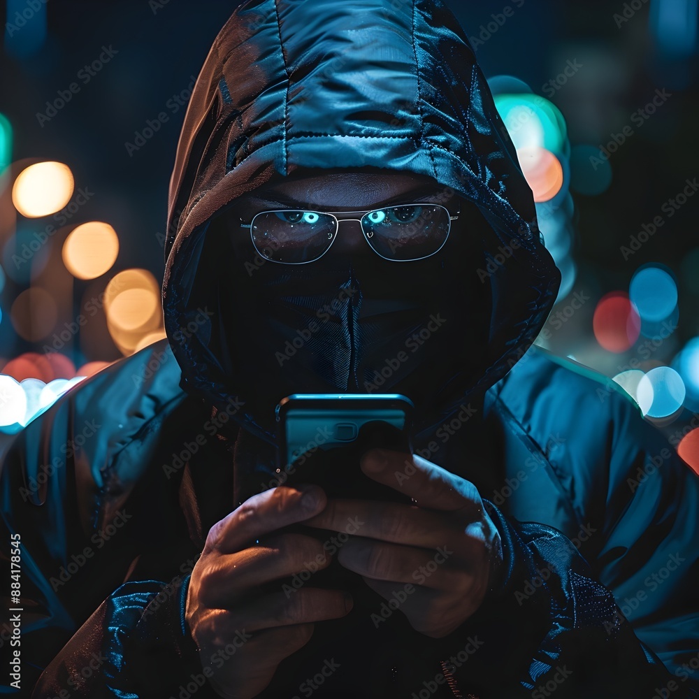 Poster hacker on the move escaping law enforcement surveillance using mobile device to conceal digital trac