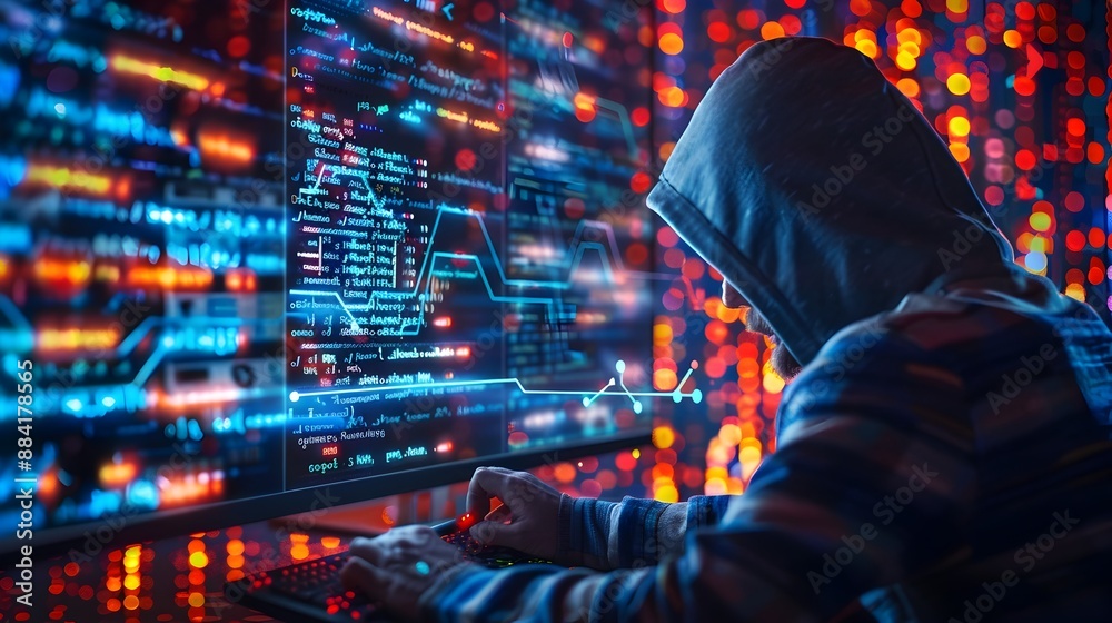 Poster hacker developing sophisticated malware with complex code and spread diagram on screen