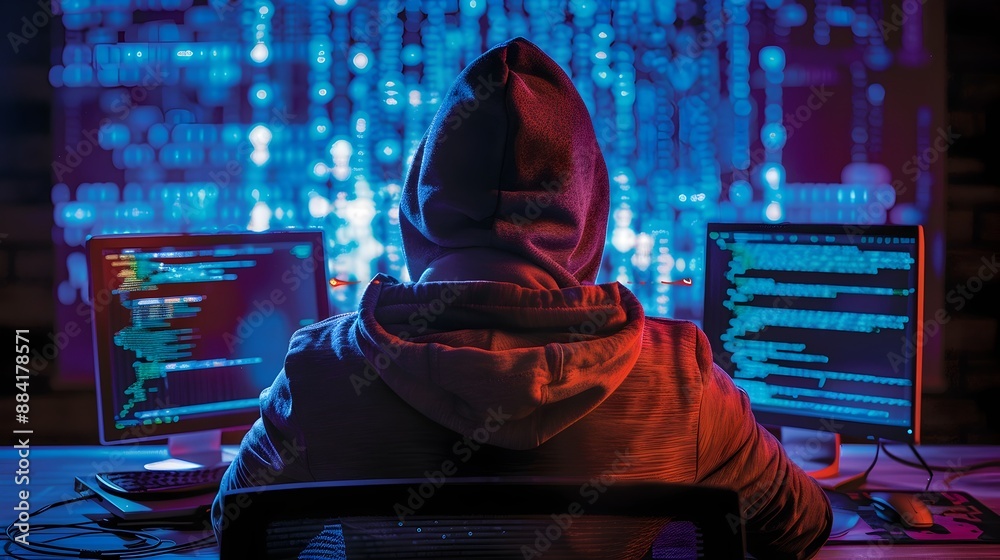 Poster sophisticated hacker crafting malware with complex code and spread diagram
