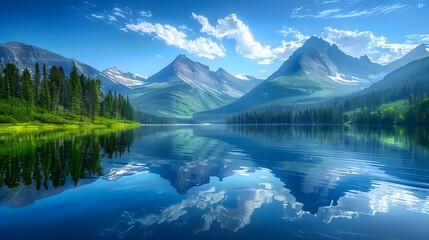 Obraz premium Tranquil mountain landscape with a lake reflection, offering a peaceful and natural background. 