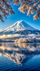 Snow-Capped Mount Fuji Reflected in Calm Lake Water. Generative AI