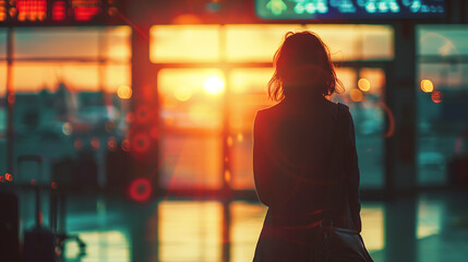 silhouette of people with luggage, gazing out of a large airport window during sunset. The colorful sky and reflections on the glass create a dreamy, contemplative mood