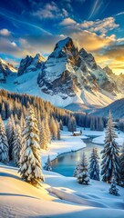 Fototapeta premium Snowy Mountain Range With Evergreen Forest and Creek. Generative AI