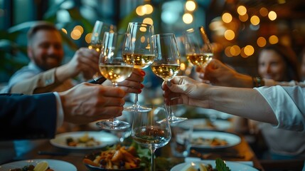 Business Team Celebrating Achievements at High end Restaurant Over Dinner and Drinks