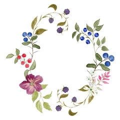 Hand painted watercolor berry wildflower wreath with floral round frame and place for text isolated on transparent background. For wedding cards, invitations, save the date