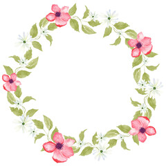 Watercolor wreath of wildflowers and leaves, hand painted floral round frame, isolated on transparent background. For wedding cards, invitations, save the date.