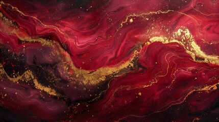Abstract painting with deep red and gold swirls and flecks
