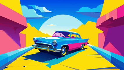 3d wallpaper design with a classic car driving through a broken wall