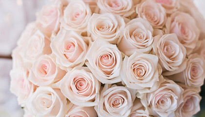 Beautiful fresh roses background, bouquet of light pink roses. For postcard or banner. Close-up.