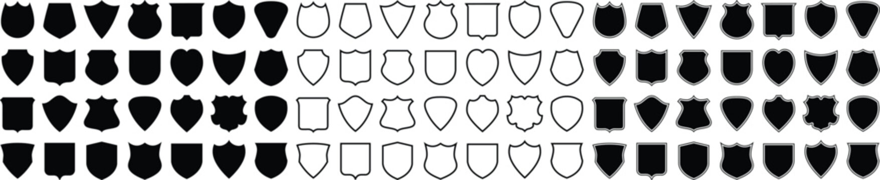 Shields set. Collection of security shield badge icons with contours and linear signs. Design elements for concept of safety and protection. Vector illustration.