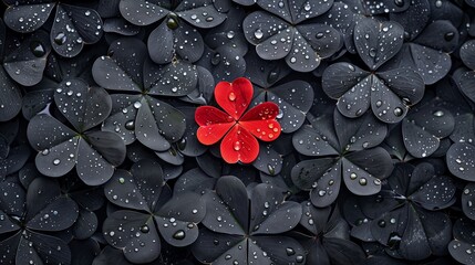 Red clover leaf at the center of a pattern of black clover leaves, each adorned with tiny water droplets, highlighting the vibrant color difference