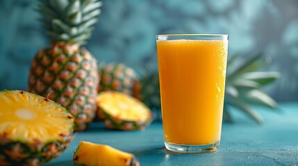 A pineapple juice set against a pastel blue background