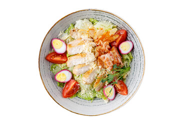 Caesar salad with chicken and bacon on a white background, isolate, for food delivery menu