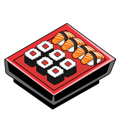 Japanese Sushi in the red box Vector Illustration. Sushi with salmon. Close up Nigiri sushi. Japanese cuisine food isolated on png. Element for cookbook, sticker, design, print.