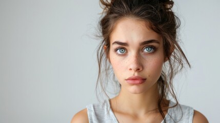 Naklejka premium Portrait of a young woman with freckles and blue eyes