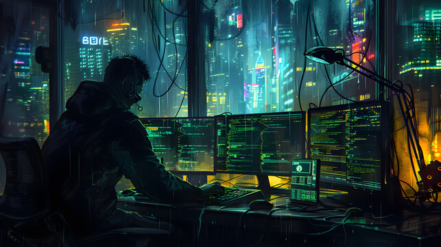 A skilled hacker in a high-tech hideout, surrounded by advanced gadgets and holographic displays