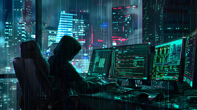 A skilled hacker in a high-tech hideout, surrounded by advanced gadgets and holographic displays