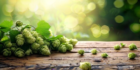 Hop fruits lie on a wooden surface close-up on a blurred background of a hop garden. Copyspace, place for text.