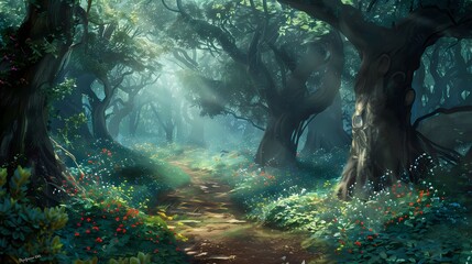 Fototapeta premium Fairytale Forest with Majestic Trees and Lush Vegetation - Generative AI Digital Painting