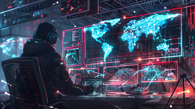 A skilled hacker in a high-tech hideout, surrounded by advanced gadgets and holographic displays