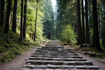 Obraz premium Ascending the steps to parnassus through a verdant forest, following the path of enlightenment